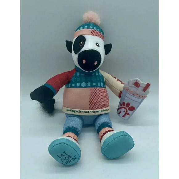Chick Fil A Holiday Plush Cow 7" Sitting 2023 With Milkshake Stuffed Animal Toy‎ - Picture 1 of 5